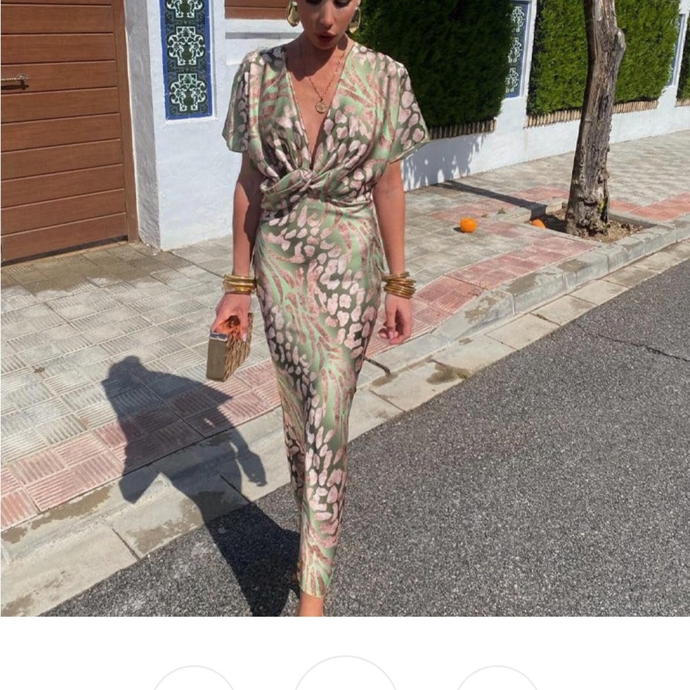 Elegant Green and Pink Wrap Dress